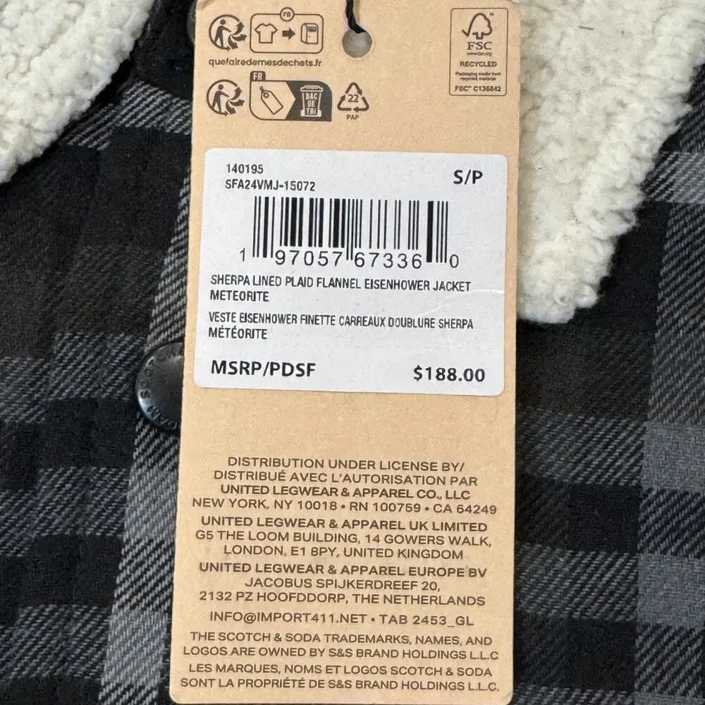 Scotch & Soda Sherpa Lined Plaid Flannel Jacket Gray Men's Small Snaps NWT